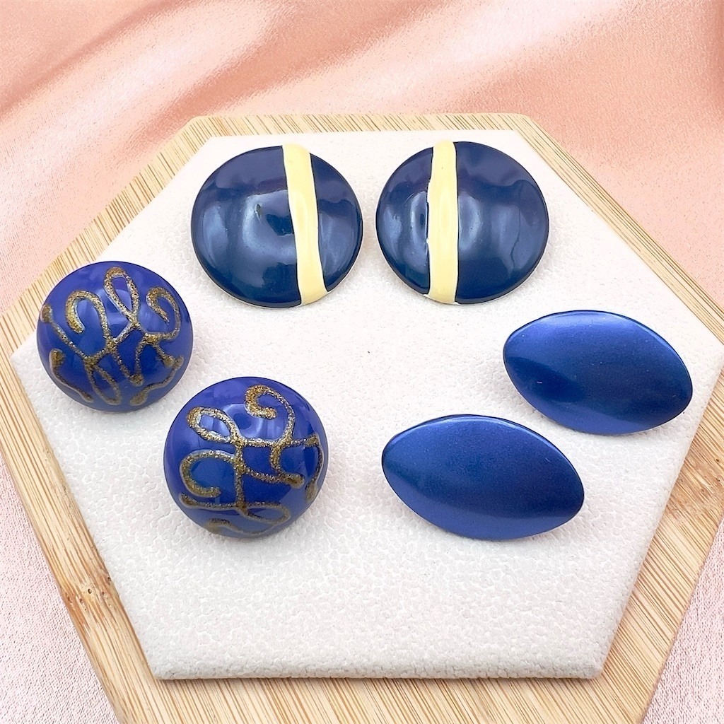 Vintage Pierced Stud Earrings Blue Enamel Round Oval Lot Of 3 Pairs Geometric